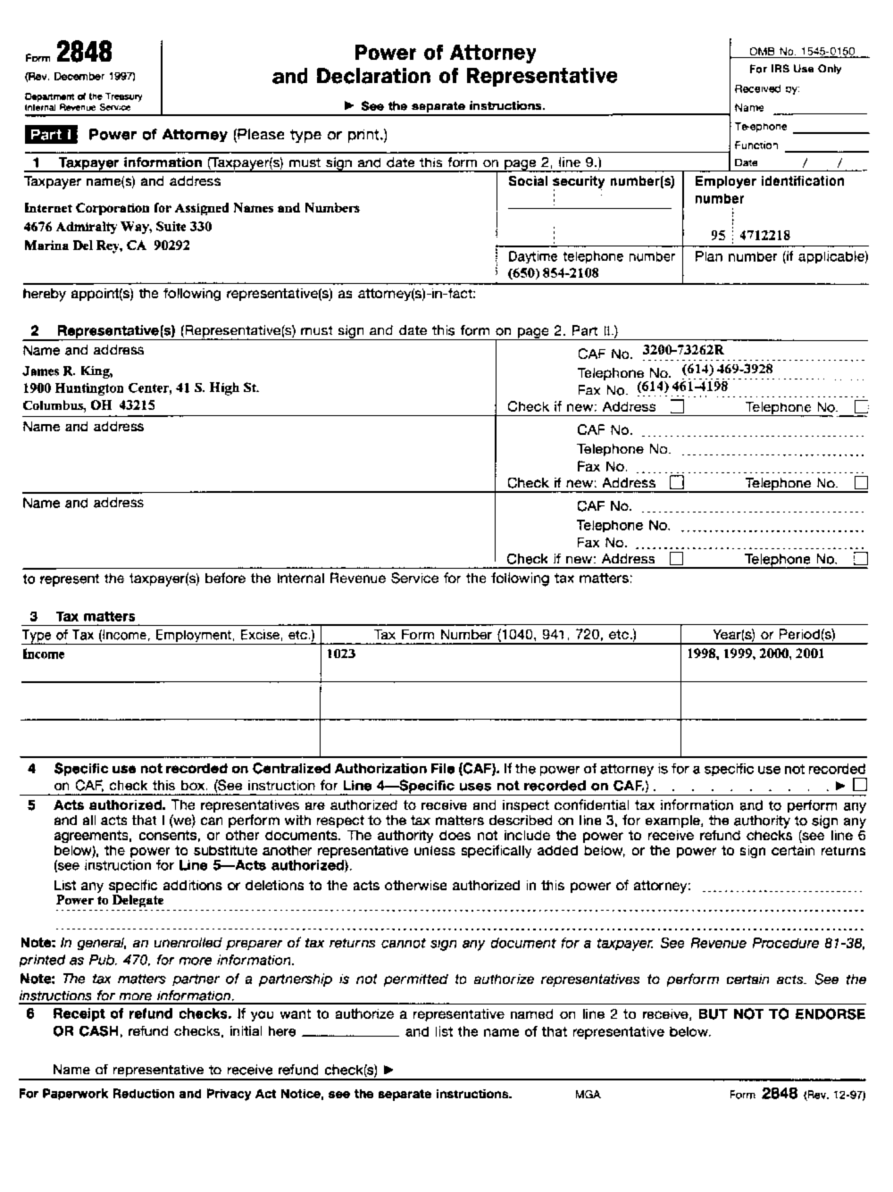 Form 2848 Power of Attorney and Declaration of Representative (Page 1)