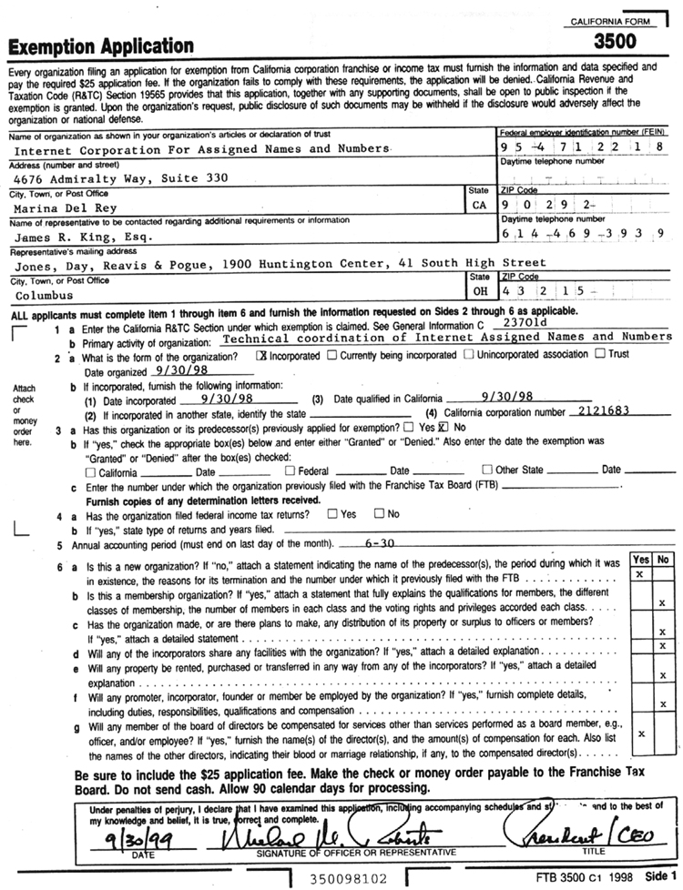 Application for Tax Exemption (California)(Page 1)