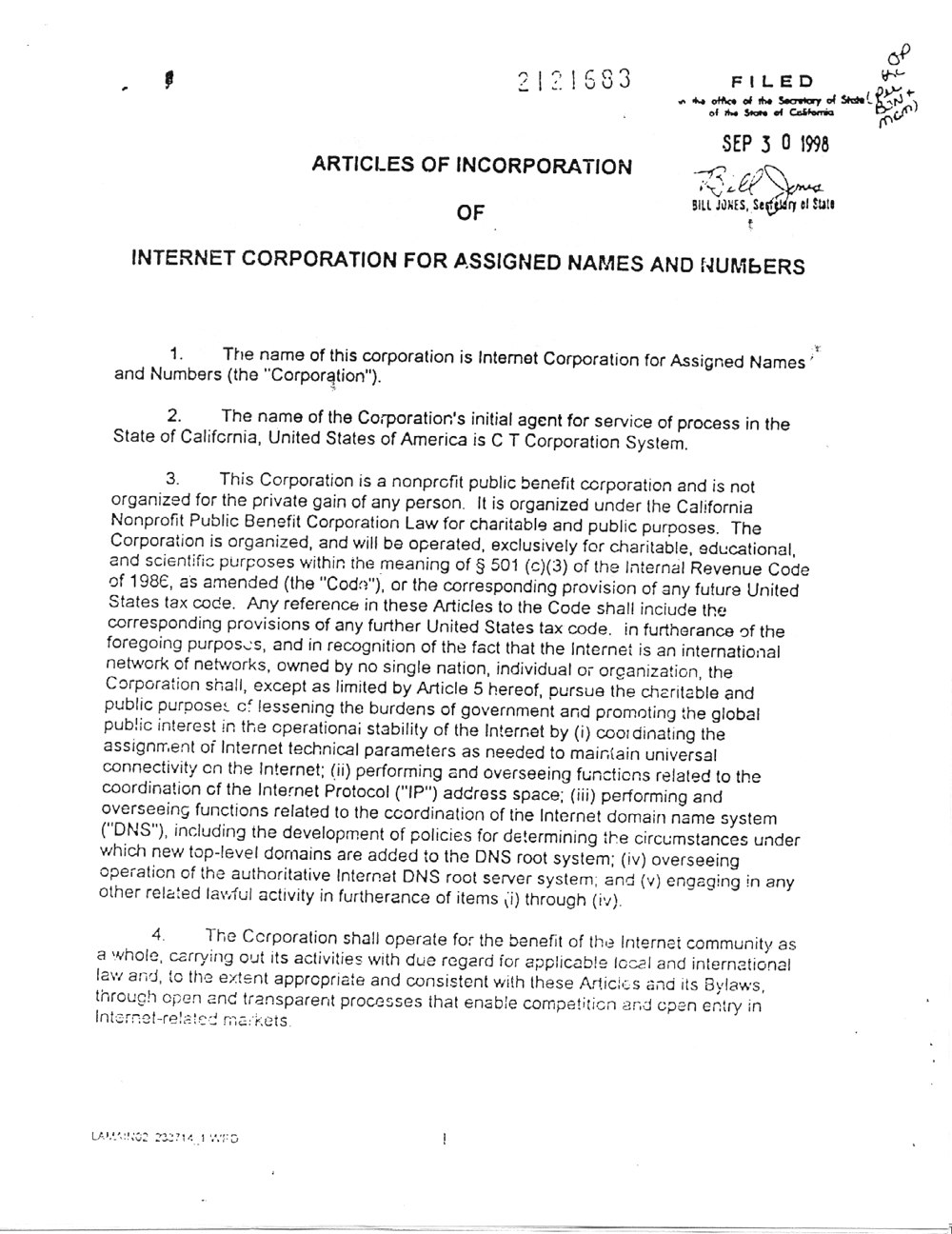 Articles of Incorporation of Internet Corporation for Assigned Names and Numbers, Page 1