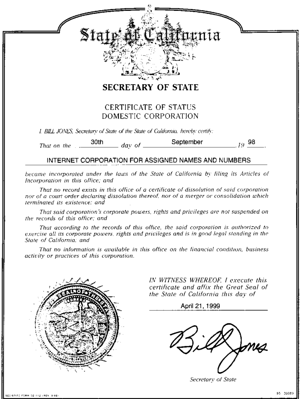 Certificate Of Status Domestic Corporation
