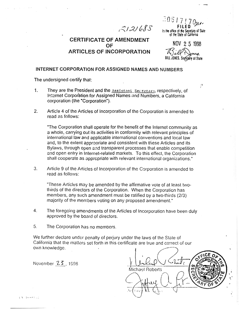 Certificate Of Amendment of Articles of Incorporation