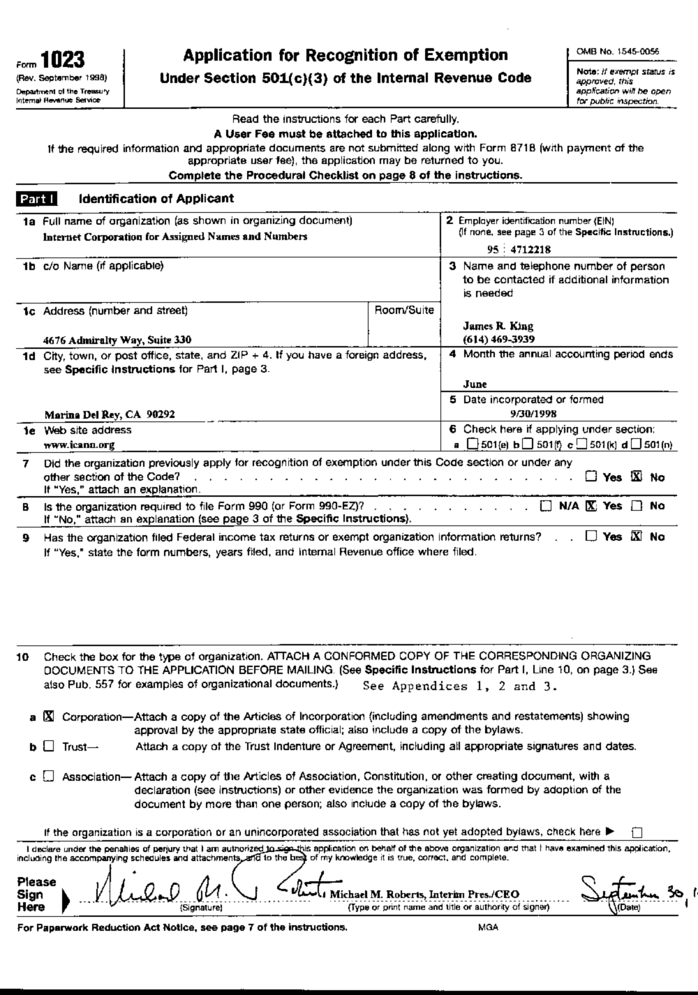Form 1023 Application For Recognition of Exemption