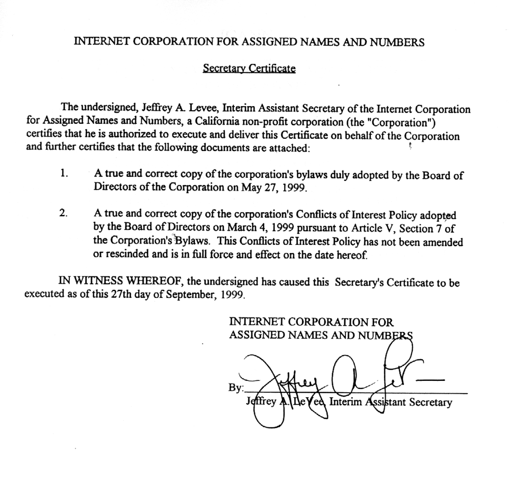 ICANN Bylaws - Secretary Certificate