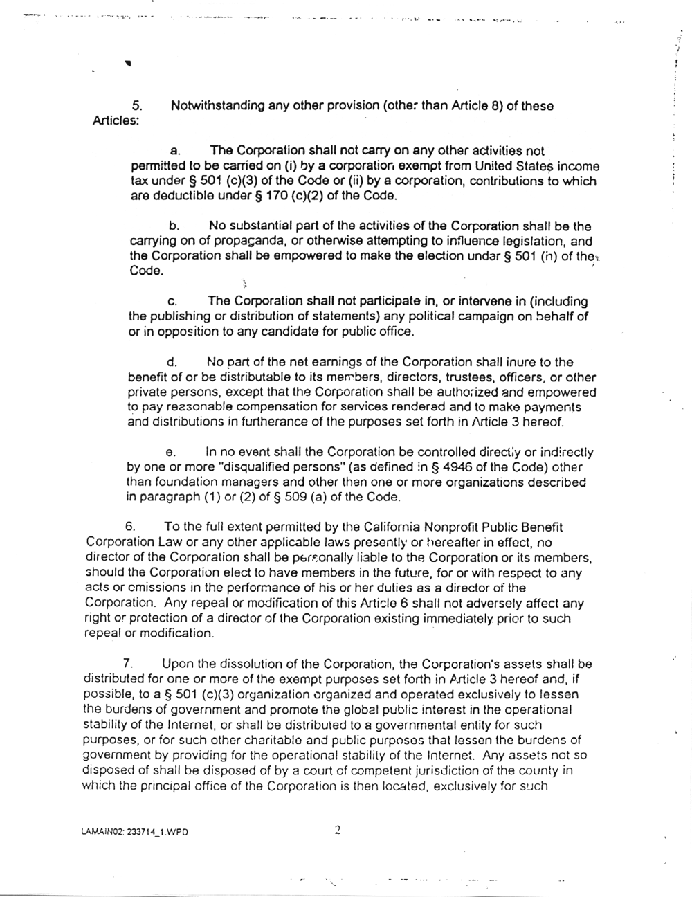 Articles of Incorporation of Internet Corporation for Assigned Names and Numbers, Page 2